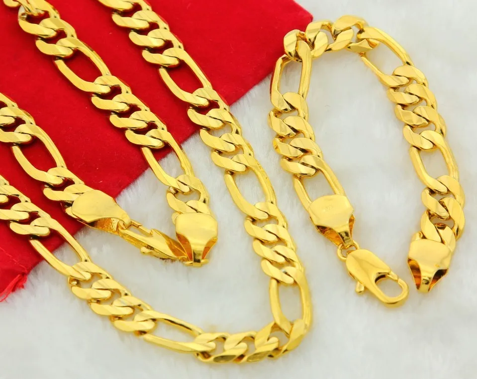 Pure gold color10MM men's figaro chain jewelry sets, wholesale 24k gold GP jewelry necklace + bracelet Sets for men,