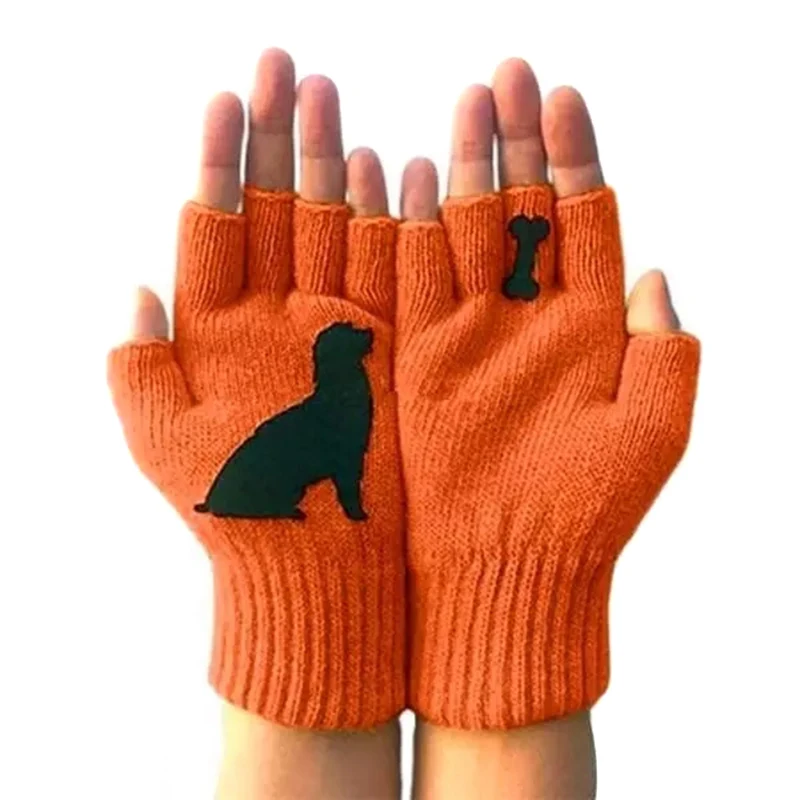 Guantes de punto sin dedos para mujer, con estampado de perro, cálidos, a la moda, Invierno, 2020