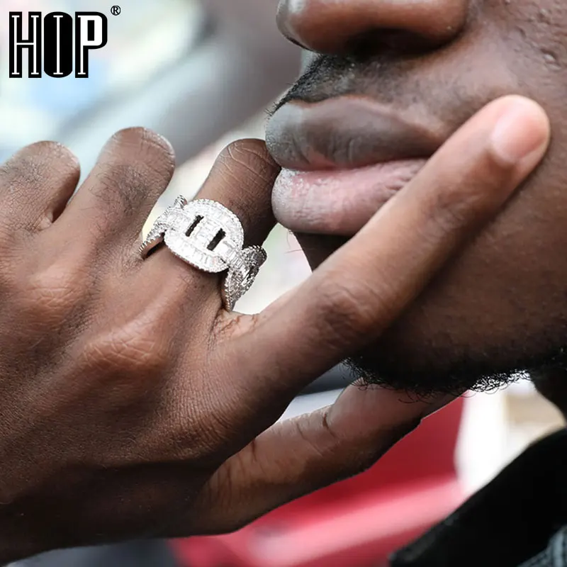 Hip Hop Popular CZ Stones Baguette Coffee Beans Rings Tready Bling Iced Out Copper Zircon Ring For Men Jewelry