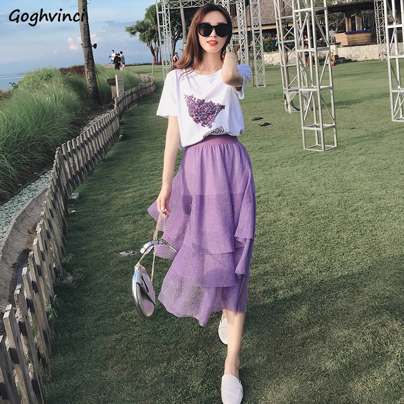 Skirts Women Summer Mesh Cake Purple Tulle Elegant Ins Hot Fairy Chic  Party Simple Womens Slender Leisure Loose Ulzzang