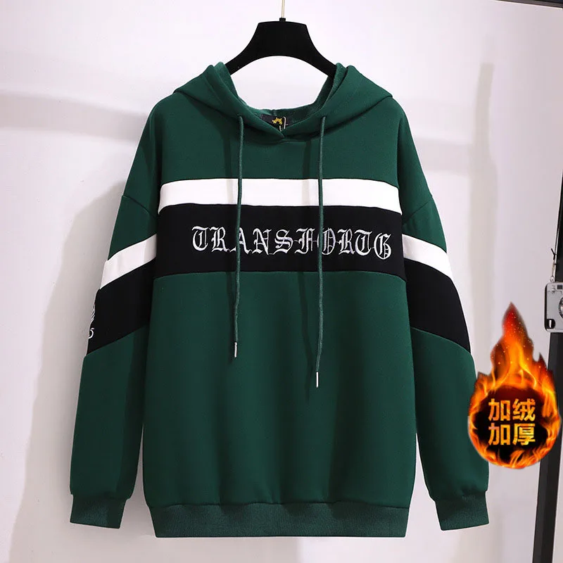 150Kg Plus Size Women's Winter Contrast Color Fleece Hooded Sweatshirts Bust 157cm 6XL 7XL 8XL 9XL 10XL Loose Letter Tops Green