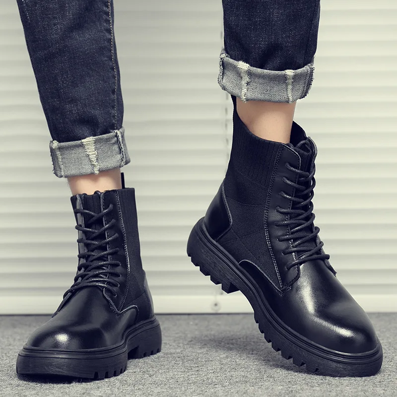 British style men casual motorcycle boots real leather platform sock shoes outdoor cowboy bottes ankle botas hombre botines male