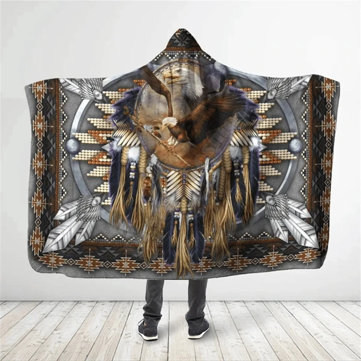 

Native Eagle Feather 3D All Over Printed Hooded Blanket Adult child Sherpa Fleece Wearable Blanket Microfiber Bedding 10