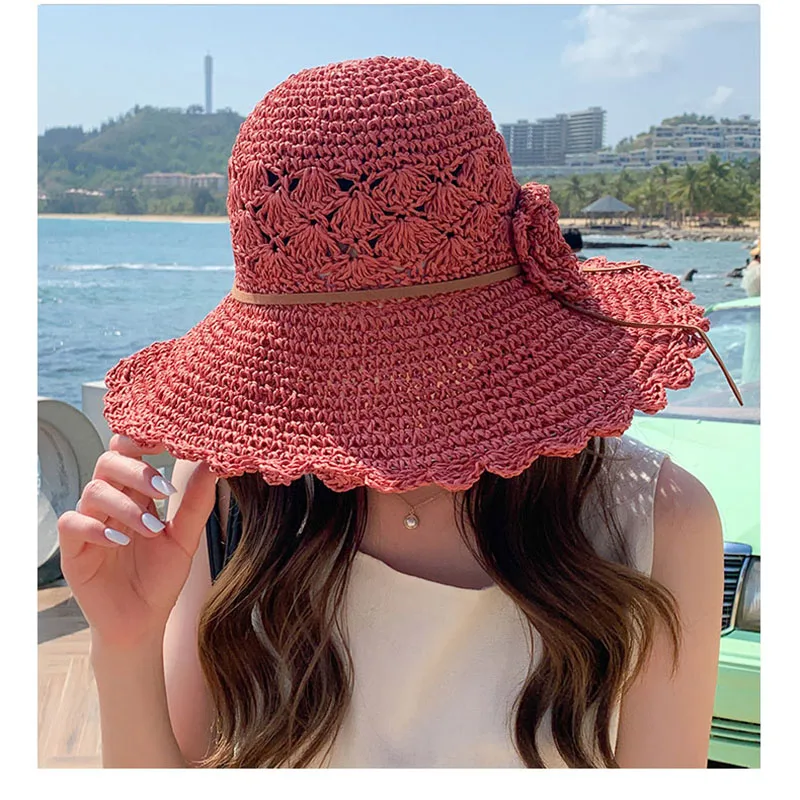 2021 FASHION Summer New Women\'s Sun Hat Bucket cap beige lace Bowknot Flowers Ribbon Flat top Panama soft Straw Hat Beach Caps