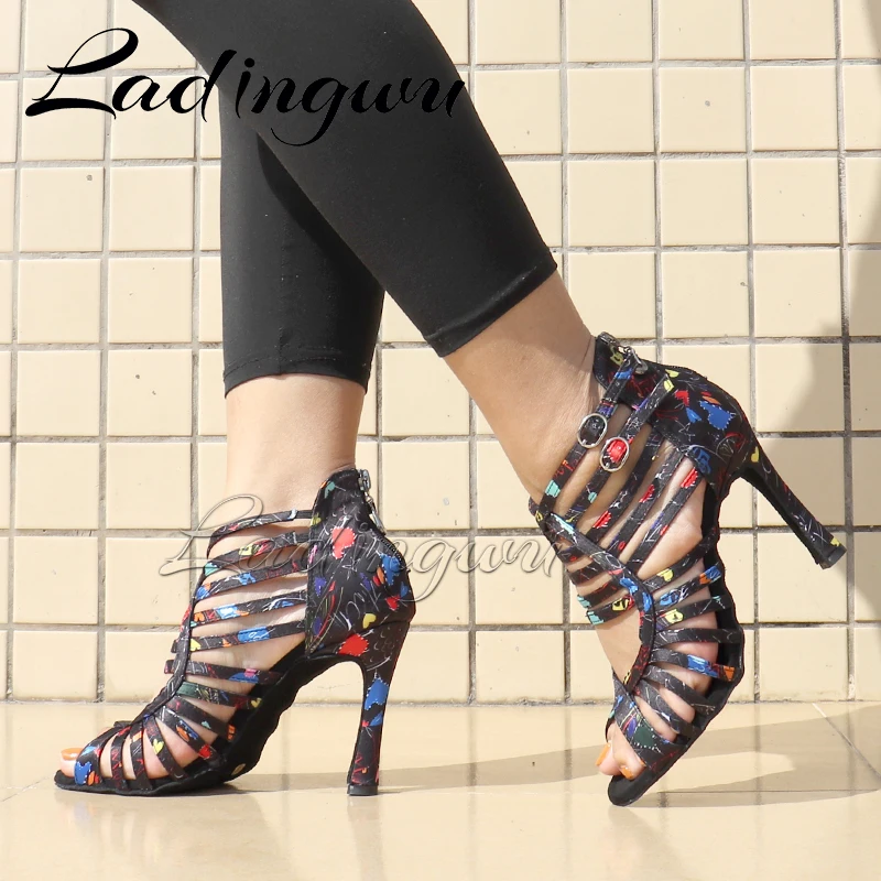 Ladingwu-Botas de baile de Salsa de satén Floral para mujer y niña, zapatos de baile latino de estilo Simple, zapatos de baile de salón de fondo suave, modernos, nuevos