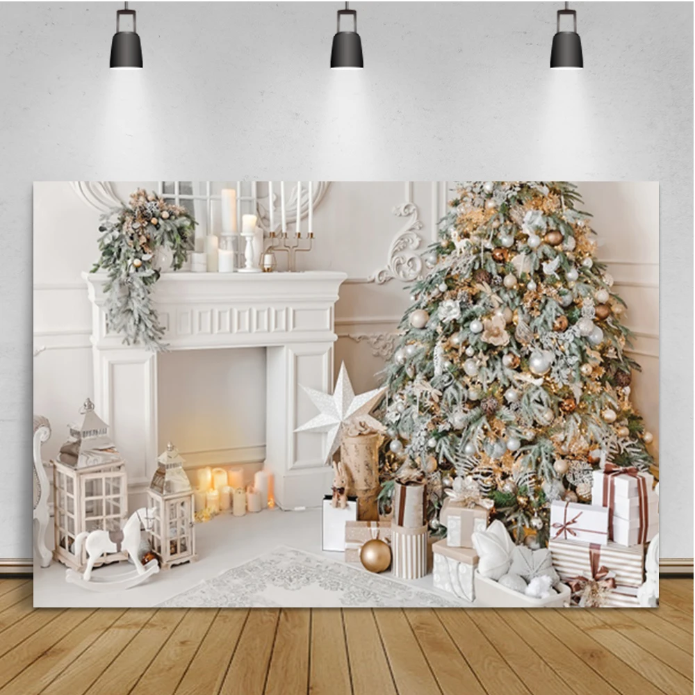 Laeacco White Interior Christmas Tree Background Fireplace Gift Baby Birthday Portrait Photographic Backdrop For Photo Studio