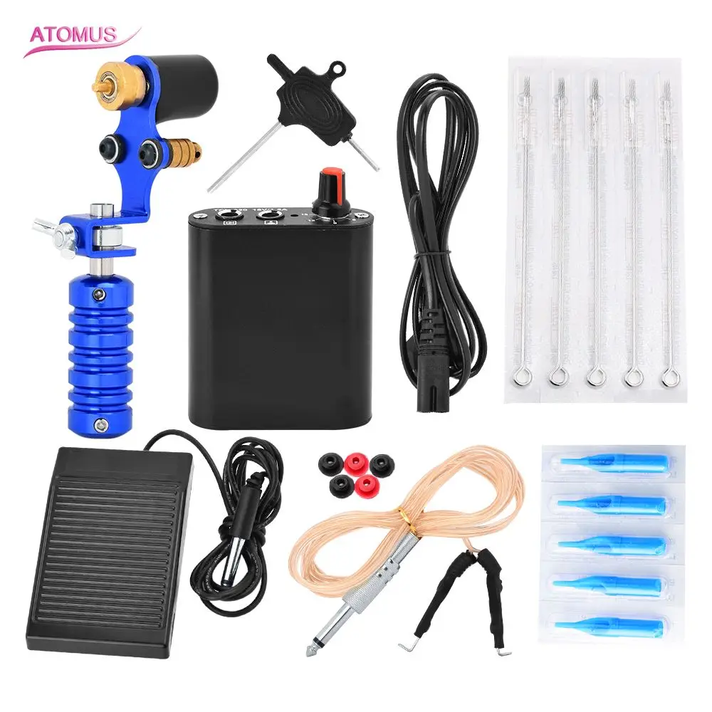 Starter Tattoo Machine Kit Tattoo Gun Ink Grips Needles Tips Power Supply Beginner Tattoo Grip Permanent Makeup