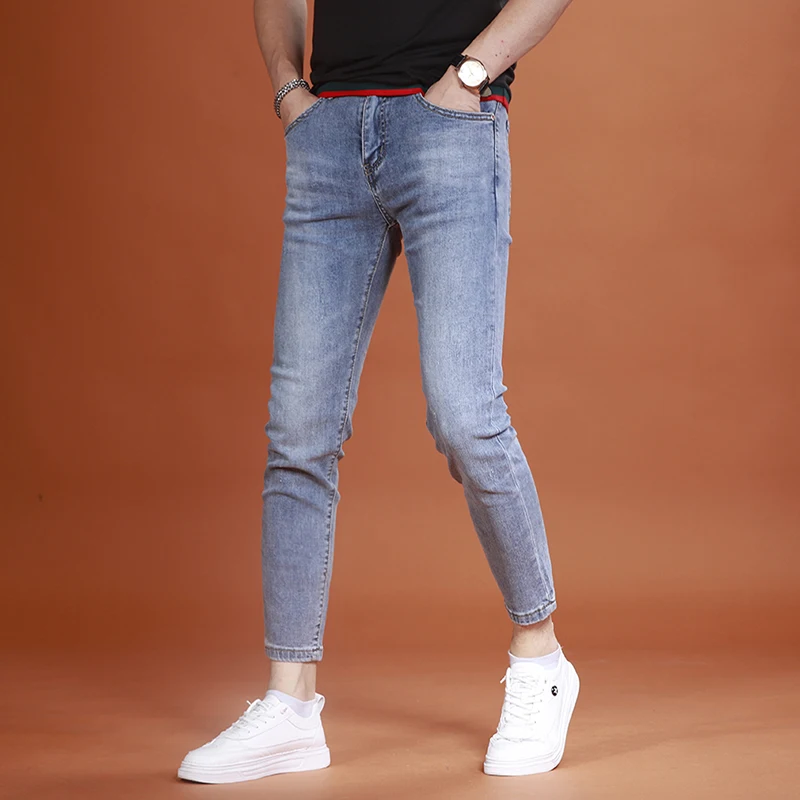 

Summer Casual Men's Blue Jeans Fashion Slim Fit Ankle-Length Pants Korean Style Denim Trousers