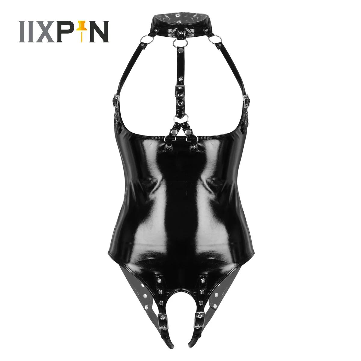 

Womens Wet Look Patent Leather Bodysuit One-piece Open Cups Sexy Lingerie Halter Bare Breast Crotchless Leotard Teddies Costume