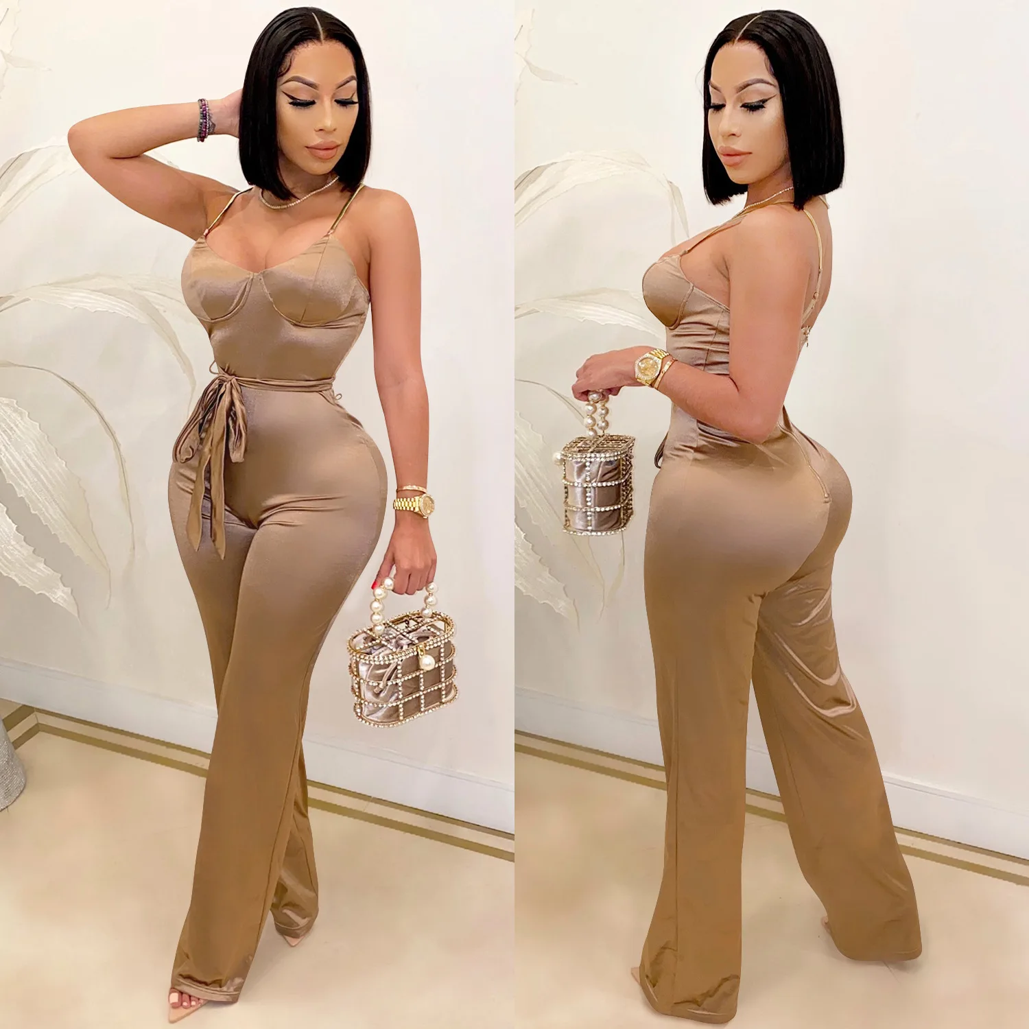 New Women Spaghetti Strap Sleeveless Straight Jumpsuit Women Sexy Club Open Back High Waist Rompers One Piece Overalls