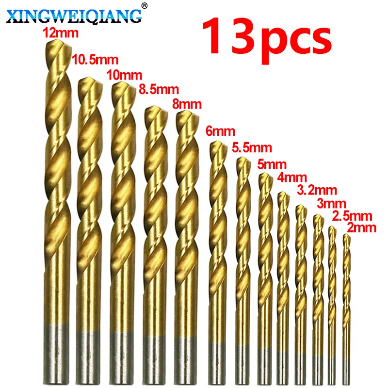 

13Pcs Titanium Coated HSS High Speed Steel Drill Bit Set Tool 2mm 2.5mm 3mm 3.2mm 4mm 5mm 5.5mm 6mm 8mm 8.5mm 10mm 10.5mm 12mm