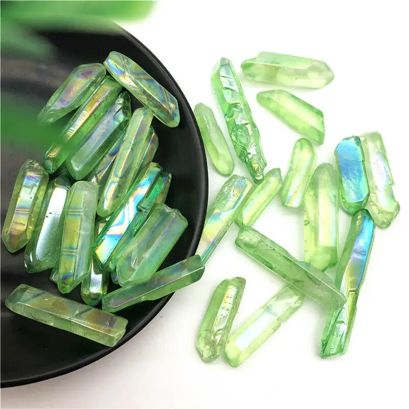 50g Electroplated Green Titanium Aura Lemurian Crystal Wand Point Healing Crystal Stone Decor Natural Stones and Minerals