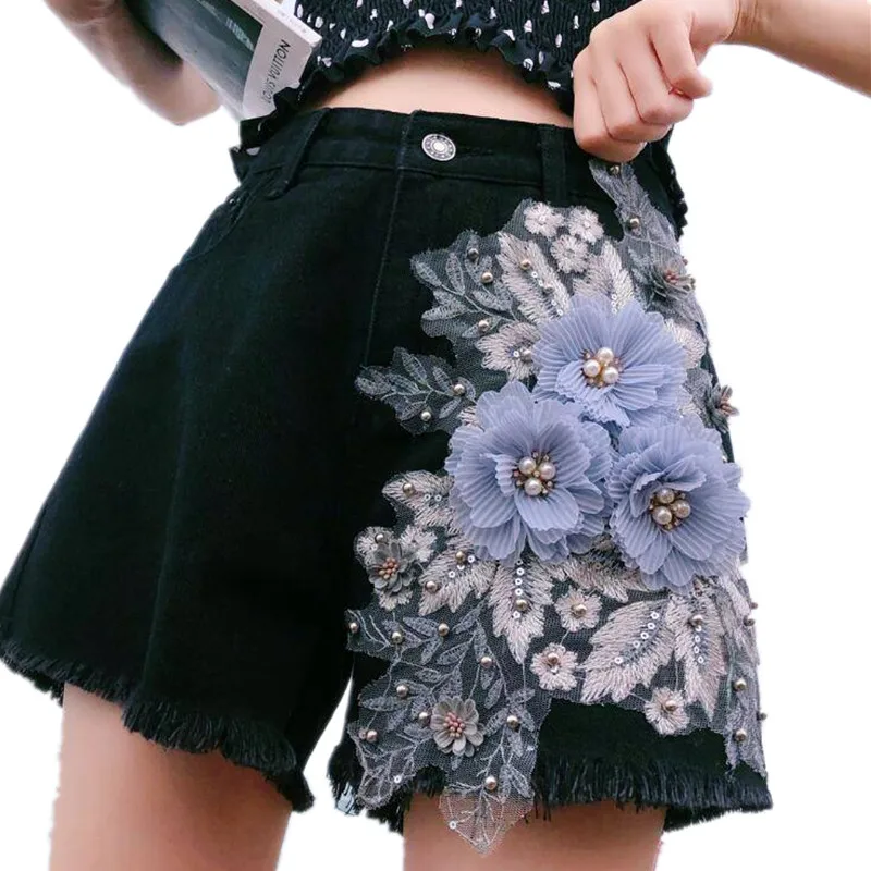 Fashion denim shorts Women 2022 new red black wide leg pants summer embroidered high waist loose shorts A364