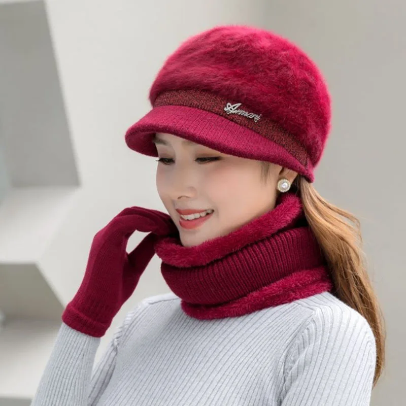 Autumn Winter Hats For Women Rabbit Fur Knitted Hats, Bibs, Gloves, 3-Piece Set, Outdoor Outing, Cycling, Ski Hat