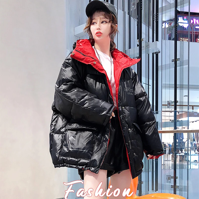 

Black/Red Women Down Parkas Winter New Down Cotton Coat Fashion Mid Length Hooded Cotton Jacket Loose Ladies Warm Outerwear