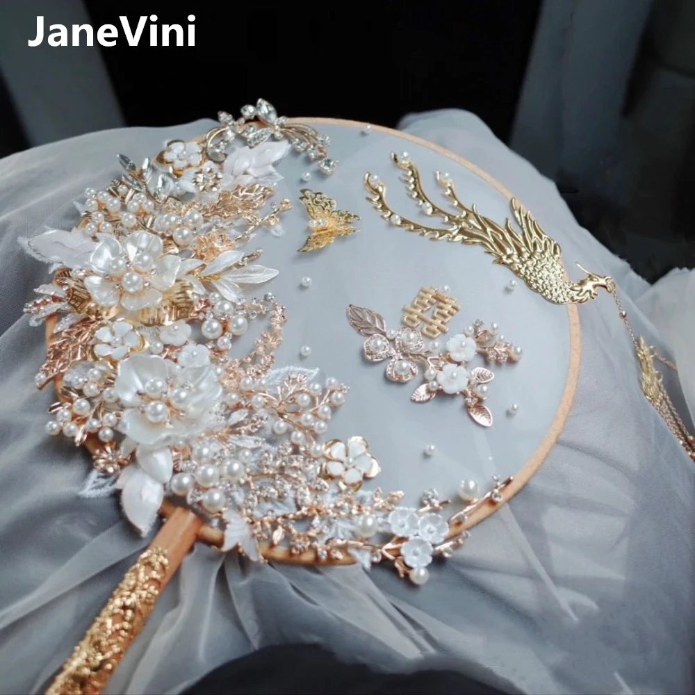 JaneVini Luxury Gold Phoenix Chinese Bridal Hand Bouquets Fan Type Artificial Flowers Pearls Metal Wedding Jewelry Accessories