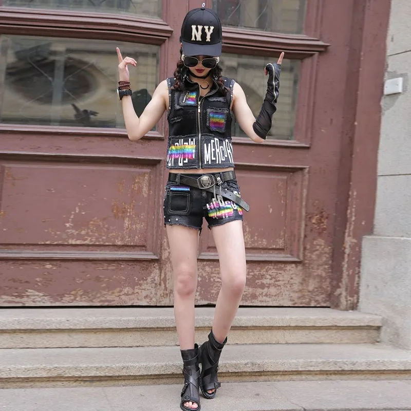 Ensemble de olympiques en jean décontractés College gothiques pour femmes, style punk, manches, short en jean chaud, tenues pour femmes, qualité supérieure, 2 pièces