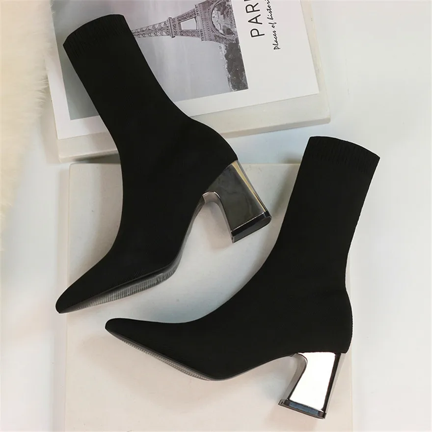 

Size 34-42 Slim Stretch Knitting Short Boots Women Autumn Pointy Toe Sock Boots 7CM Metal Square Heels Shoes Office Lady Concise