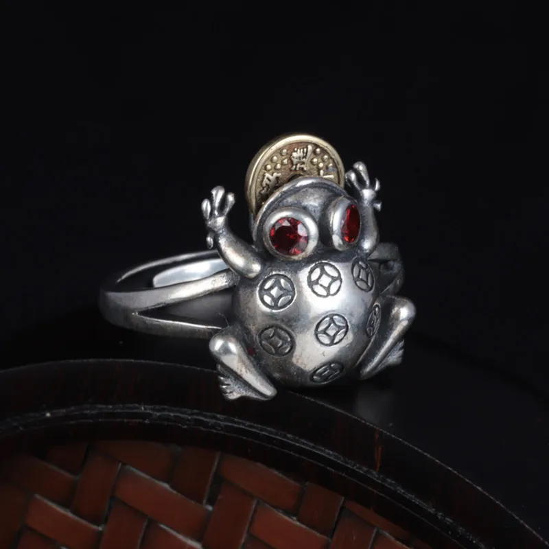 

100% S925 sterling silver golden toad ring female retro light coin rotatable index finger ring