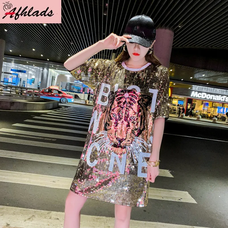 Spring And Summer Cartoon Sequins Night Club Tops Women's New Short Sleeved Loose Streetwear Hip-Hop Long T-Shirt Female