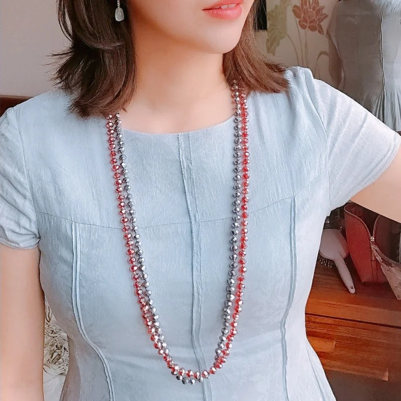 New Fashion Handmade Shiny 8mm Crystal Bead Sweater Chain Pendant Bohemian Colored Zircon Long Necklace Jewelry for Women Gift