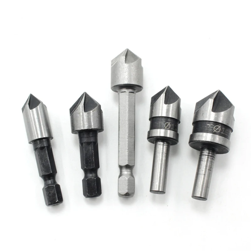 

5PCS carbon steel 82 degrees round shank five-edge chamfer 9.5/12.7/15.9mm countersink woodworking hole opene Punching