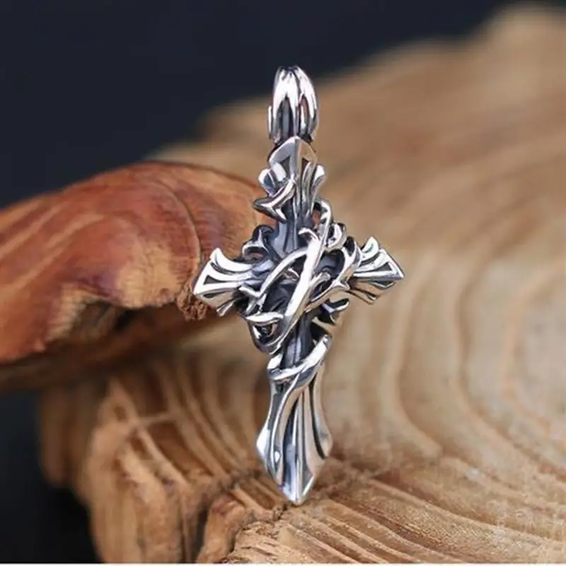 Retro Three-Dimensional Vine Winding Cross Pendant Necklace Men's Personality Punk Rock Hip-Hop Jewelry Amulet Necklace