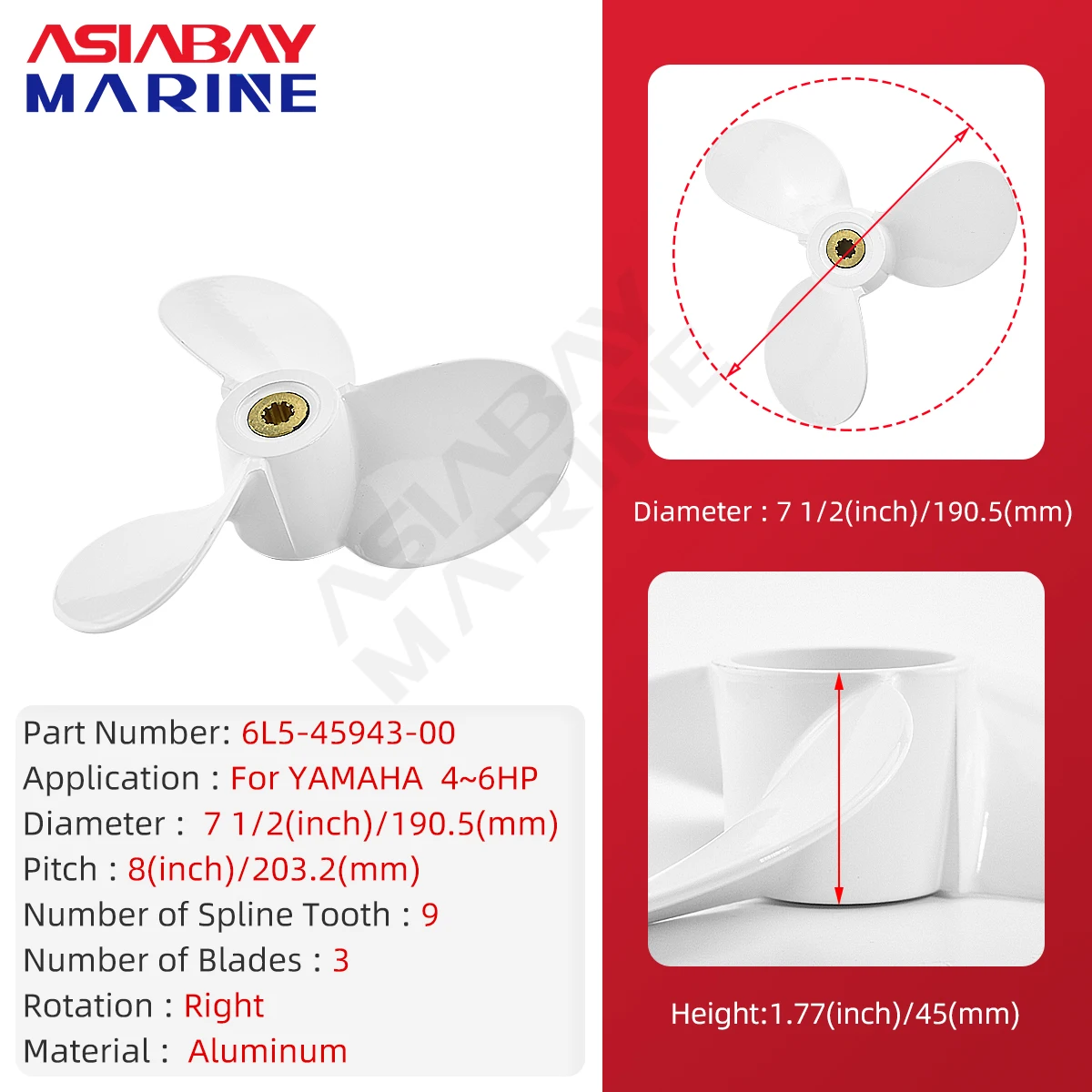 Buitenboordpropeller Voor Yamaha 4hp 6hp 7 1/2X8 Bootmotor Aluminium Schroef 3 Blade 9 Spline Ship Marine Motor Onderdeel