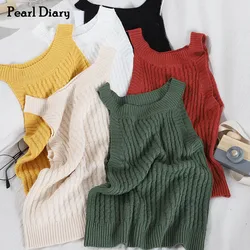 Pearl Diary Women Solid Tank Tops Summer Elegant Knitted Sleeveless Street Solid Crop Camisole Strapless Round Neck Tops