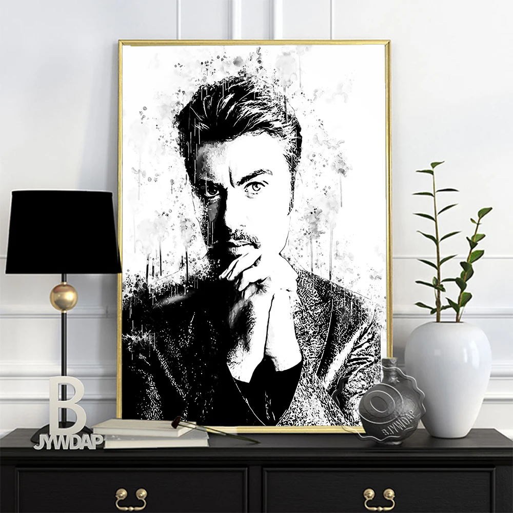 George Michael Black White Printing Poster, English Singer-Songwriter Portrait Watercolour, Minimalism Nordic Style Home Decor