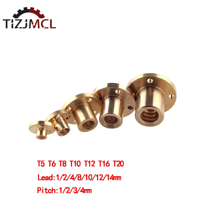 T5 T6 T8 T10 T12 T16 T20Lead Screw Nut Pitch 1mm/2mm Flange Brass Nut Lead1/2/4/8/10/12mm/14mm Trapezoidal LeadScrew Nut For Cnc