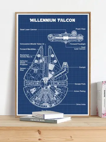 Diagramma schematico Poster artistico Star Wars Stampe su tela Millennium Falcon Progetto Dipinto su tela Camera dei ragazzi Decorazione della parete di fantascienza