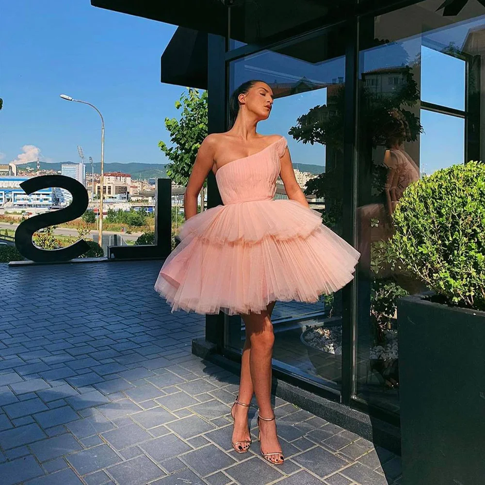 Yipeisha Roze Tiered Rok Prom Jurken Thee Lengte Cocktail Party Jurken One-schouder Plisse Tulle Baljurk Homecoming Gown