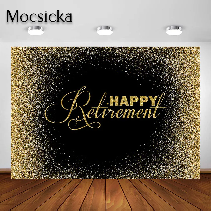 

Mocsicka Happy Retirement Backdrop Decorations Black and Gold Glitter Happy Retirement Party Banner Background for Photoshoot