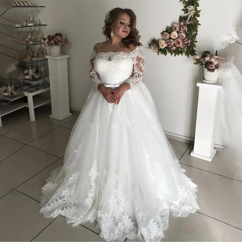 2021 billig Plus Größe Hochzeit Kleider Sheer Neck Langarm Appliques Illusion Schärpe Garten Land Brautkleider robe de mariee