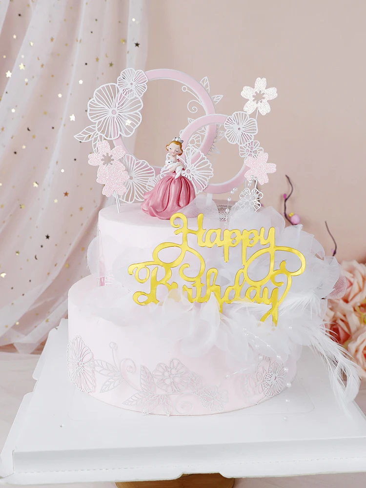 Beautiful Woman Girl Crown Lace Flower Acrylic PInk Cake Topper Happy Birthday Wedding Party Decoration Love Gift