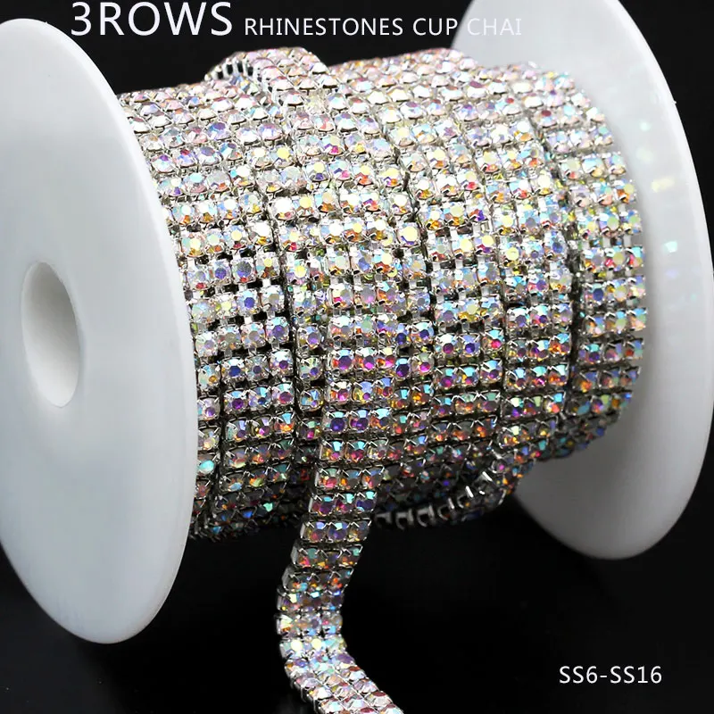 SS6-SS16 Triple 3Rows 1yards Rhinestone AB/clear crystal  Gold/Silver claw close Chain Apparel Sewing diy Beauty Accessories