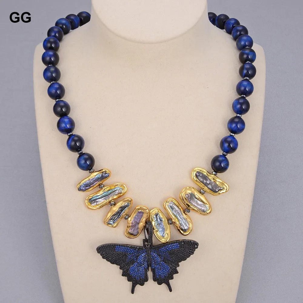 

GuaiGuai Jewelry Natural Blue Tigers Eye Round Smooth Gold Color Black Biwa Pearl Necklace CZ Butterfly Pendant 20" For Women