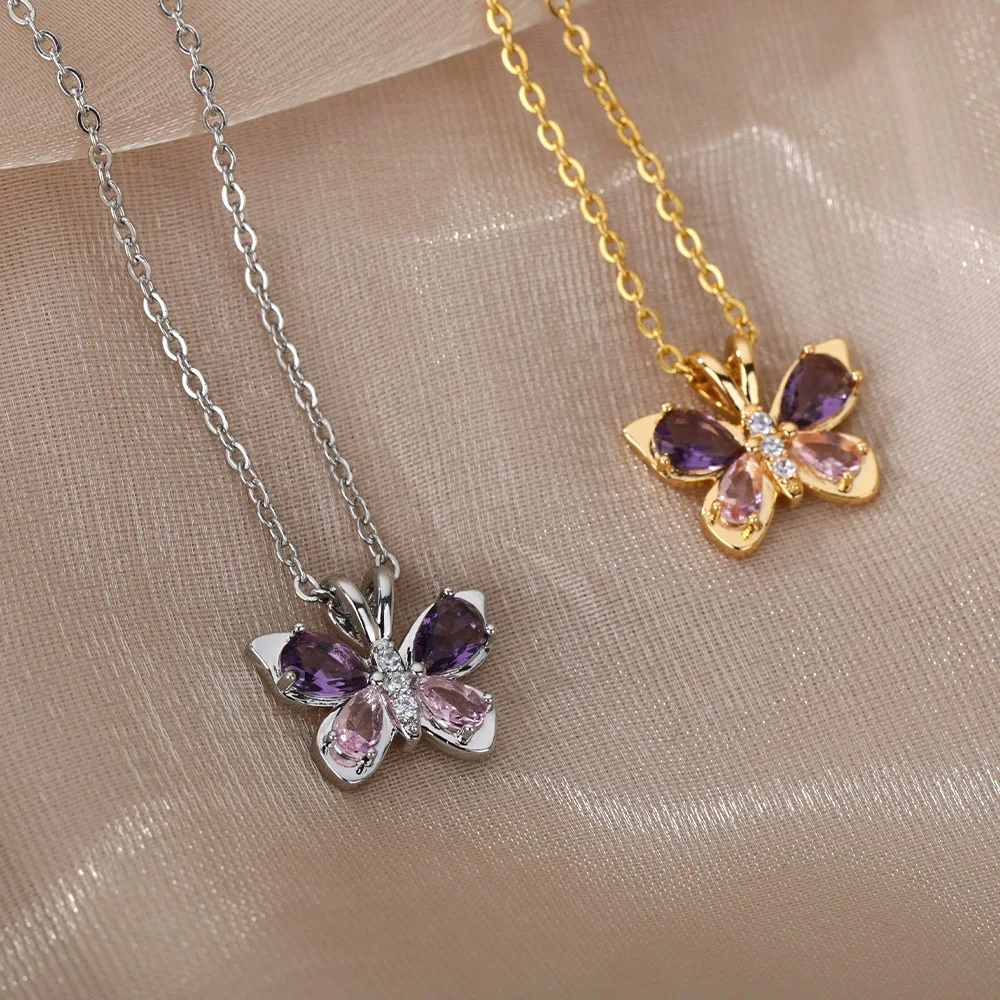 Zircon Butterfly Pendant Necklace For Women Gold Color Stainless Steel Necklaces Couple Aesthetic Jewelry Freeshipping Items BFF