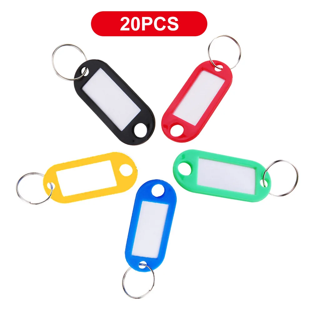 キーホルダー用のさまざまな色のプラスチック製ラベル,20/40ピース/ロットミックス,キーリング付きの名前タグ
