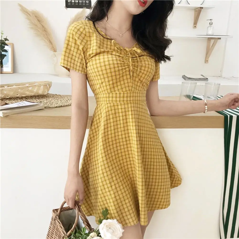 Sweet Plaid Cherry Print Mini Dress Women Summer V-neck Short Sleeve High Waist Dress Beach Holiday Party Bar Club Office Dress