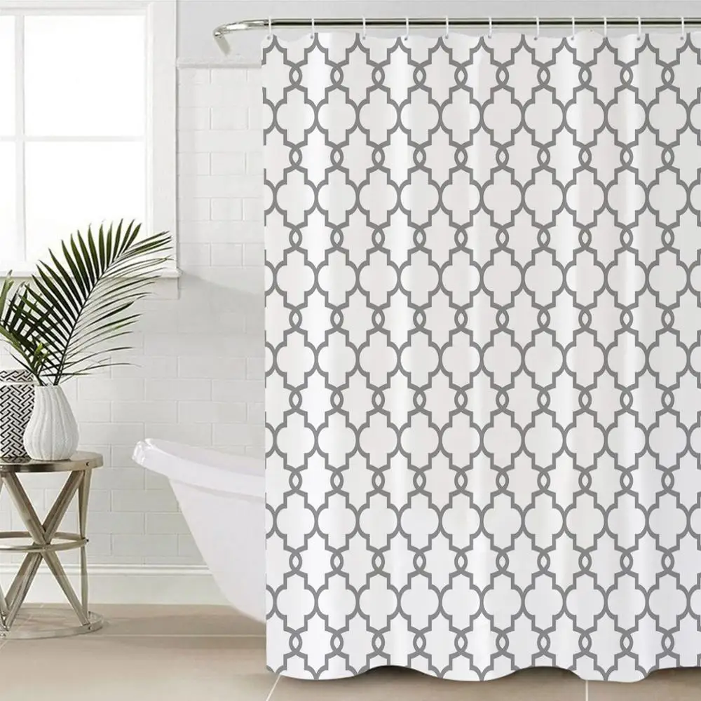 New Waterproof Moroccan Style Geometric Pattern Shower Curtain Polyester Fabric Gray White Bathroom Curtains for Home Decor image 4