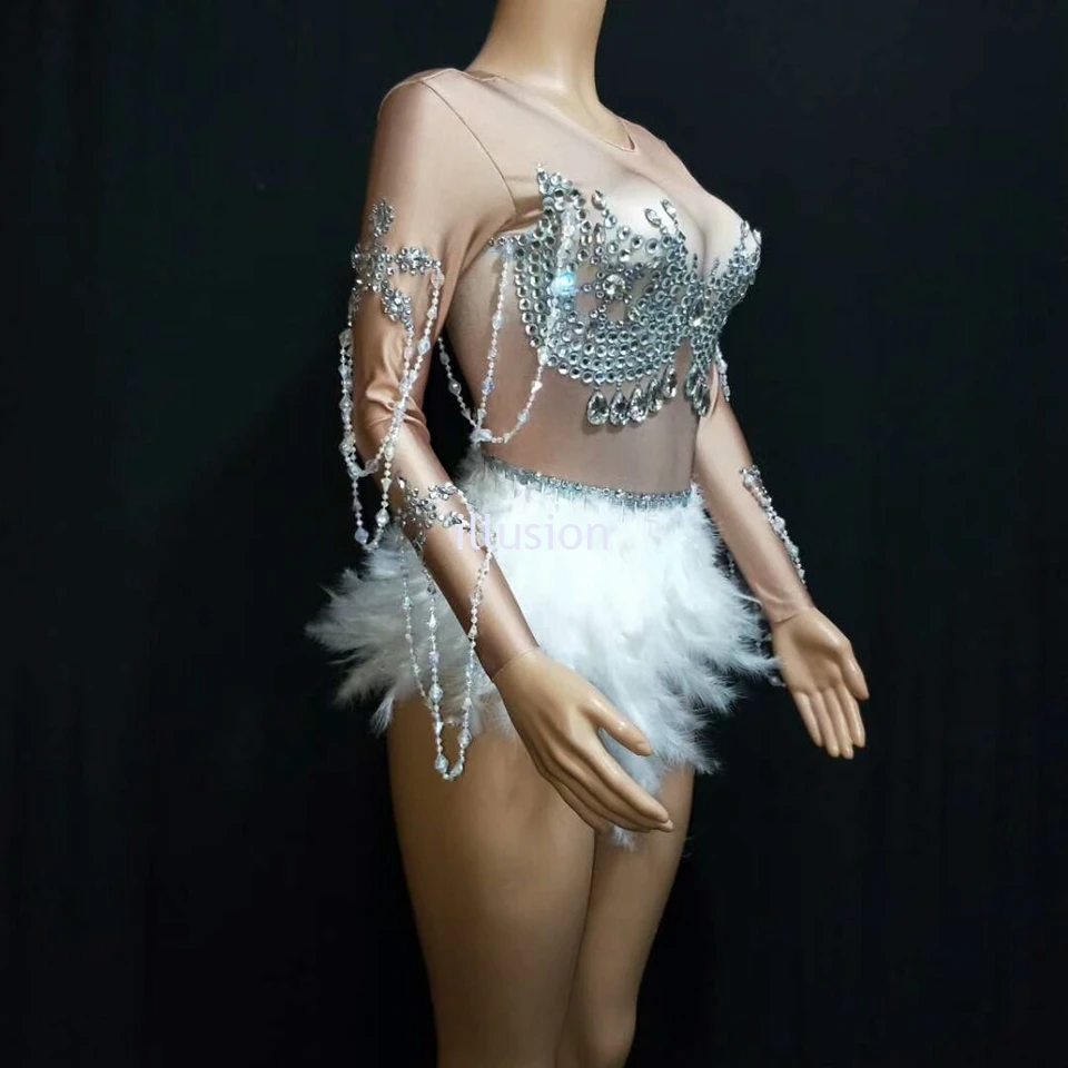 Sparkling Crystals Jumpsuit Nightclub Party Dress Women Sexy Skin Color Bodysuit White Feather Rhinestones Dress Dance Costume