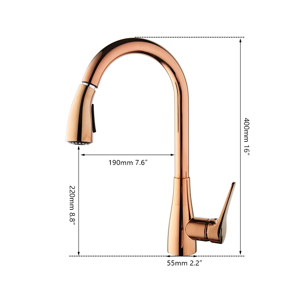 JIENI Rose Golden Kitchen Faucet Gold Plated Vessel Sink Swivel Faucet Washbasin Mixer Taps W/ Pull Down Spray Water Tap