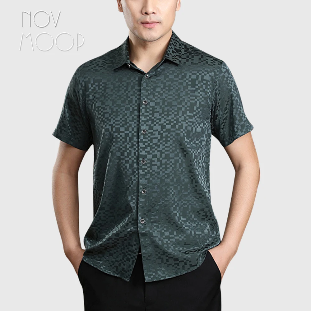 

Novmoop spring summer casual style men green blue grey short sleeve spandex silk shirt camisa masculina chemise LT3049