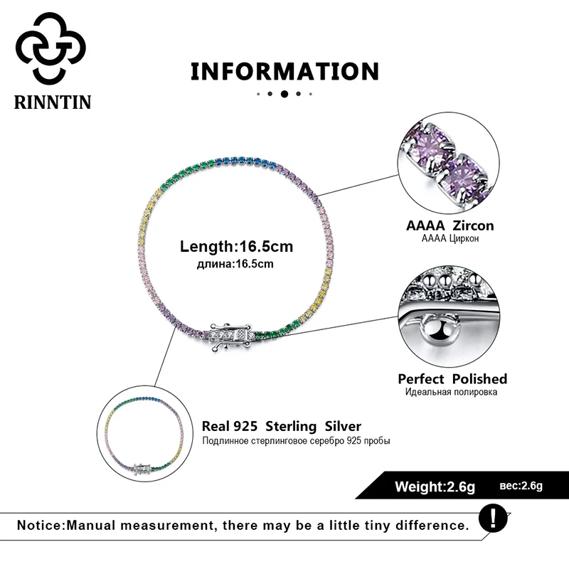 Rinntin 100% 925 Sterling Silver Infinity Women Tennis Bracelet with Colorful AAAA Zircon Bangle Wedding Jewelry Gifts TSB62