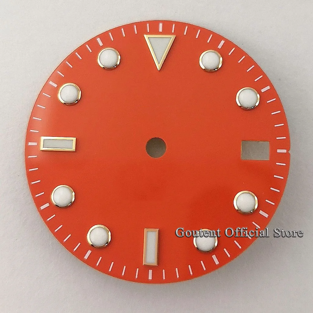 Goutent 28.5mm Orange dial with gold rim Sterile Watch Dial Blue Luminous Fit For NH35 NH35A Movement Watch Face