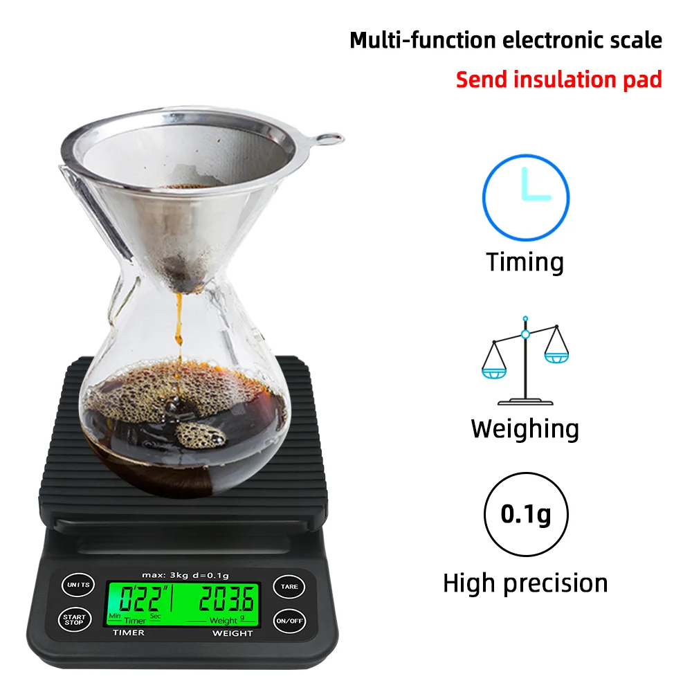 Drip Coffee Scale1kg 2kg/1g 3kg 5kg/0.1g 10kg/1g Timer backlight Food weight LCD Electronic Kitchen Scale High Precision 40%off