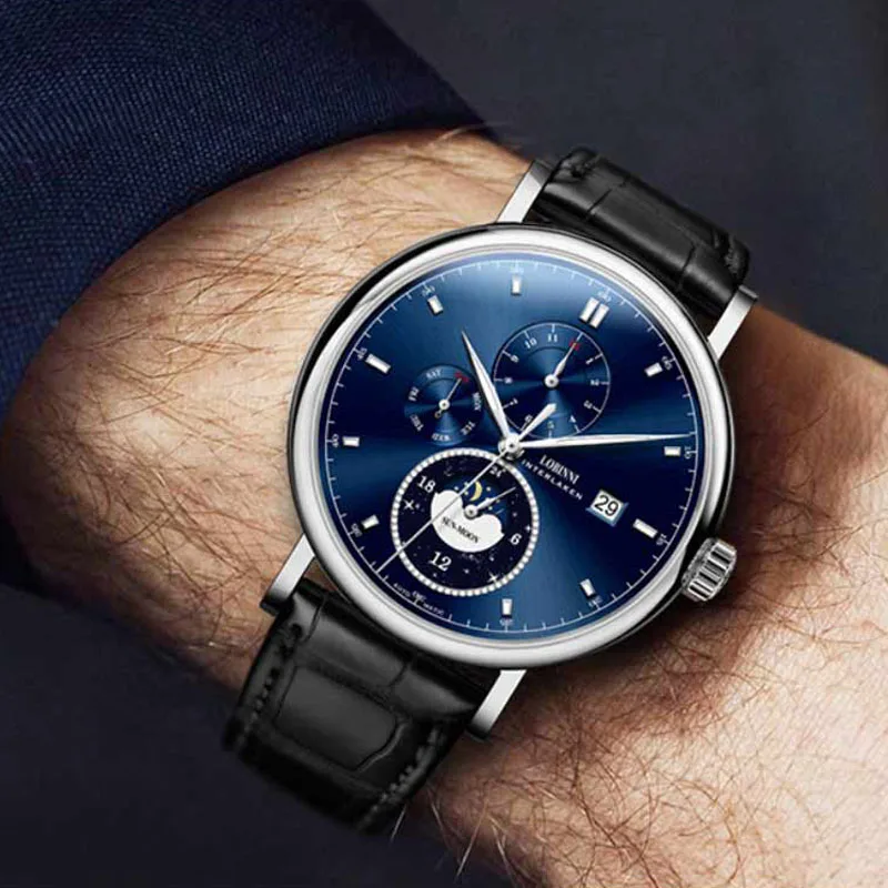 LOBINNI مصمم الرجال الساعات الميكانيكية التلقائية القمر المرحلة تاريخ الأسبوع الرجال ساعة اليد للماء الياقوت الزجاج الساعات