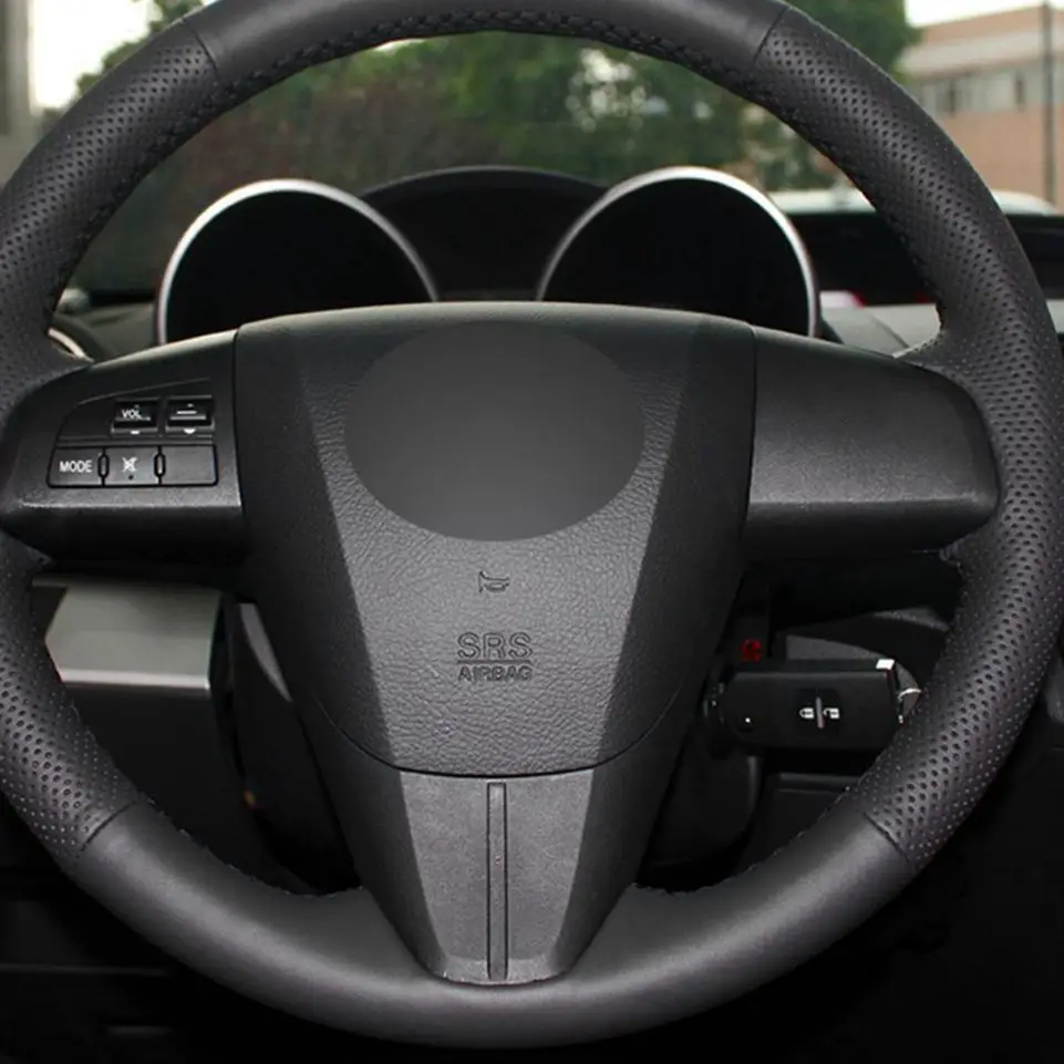 Handgenähter Auto-Lenkradbezug aus schwarzem PU-Kunstleder für alte Mazda 3, Mazda 5, Mazda 6 2003–2015 – Detail 2